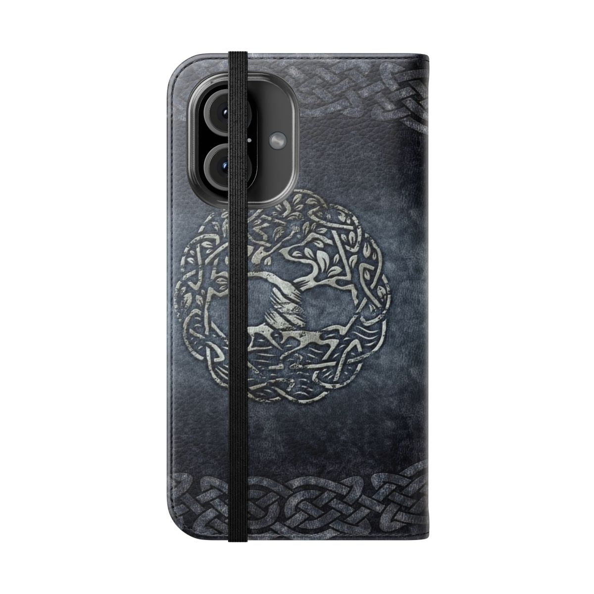 A grey leather phone case featuring a celtic tree of life design. - Folded Front