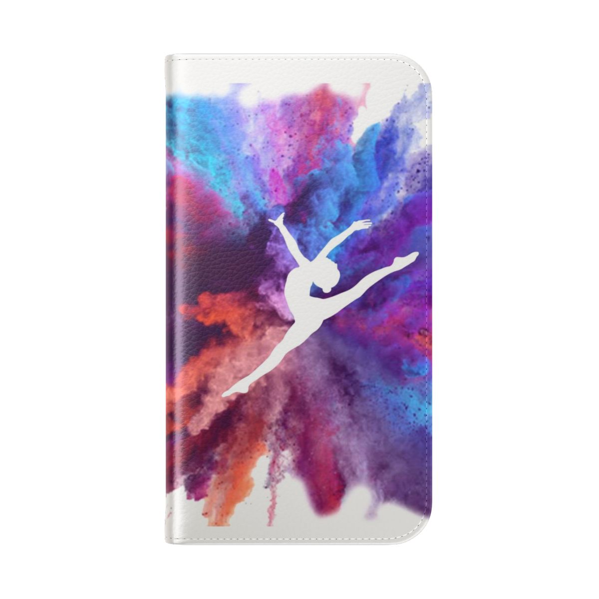 Colorful phone case featuring a gymnast explosion design with rainbows and geometric shapes. - Folded Back