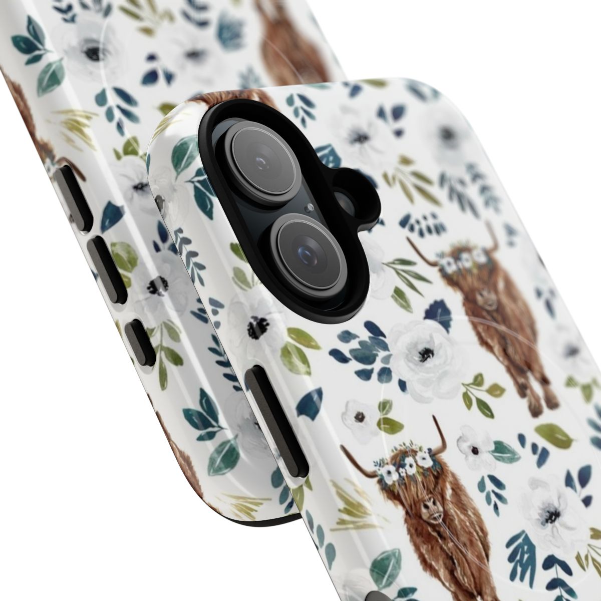 A stylish magnetic phone case featuring a painting of a highland cow adorned with a floral crown set against a backdrop of colorful flowers. - Detail