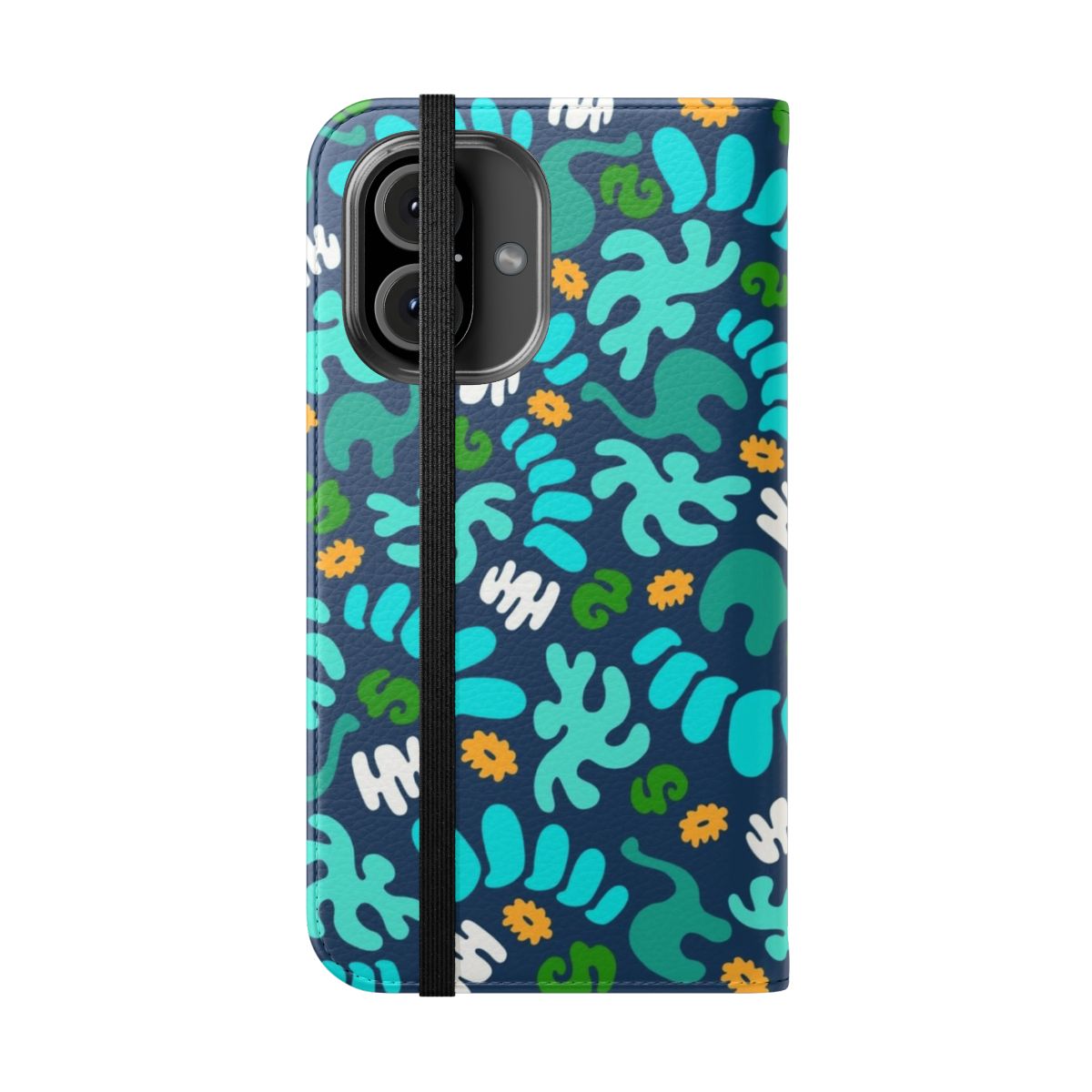 Colorful prehistoric pattern phone case with dinosaurs, cavemen, and floral designs - Folded Front