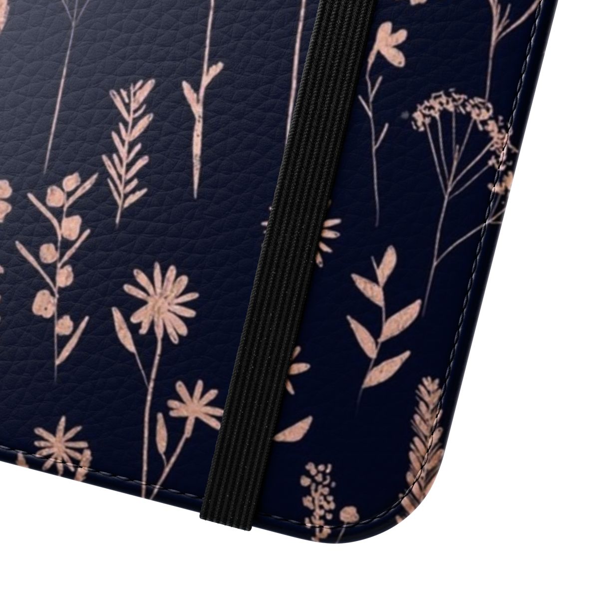 Floral hand drawn navy blue phone case with rose gold accents and dried pressed flowers - Close Up