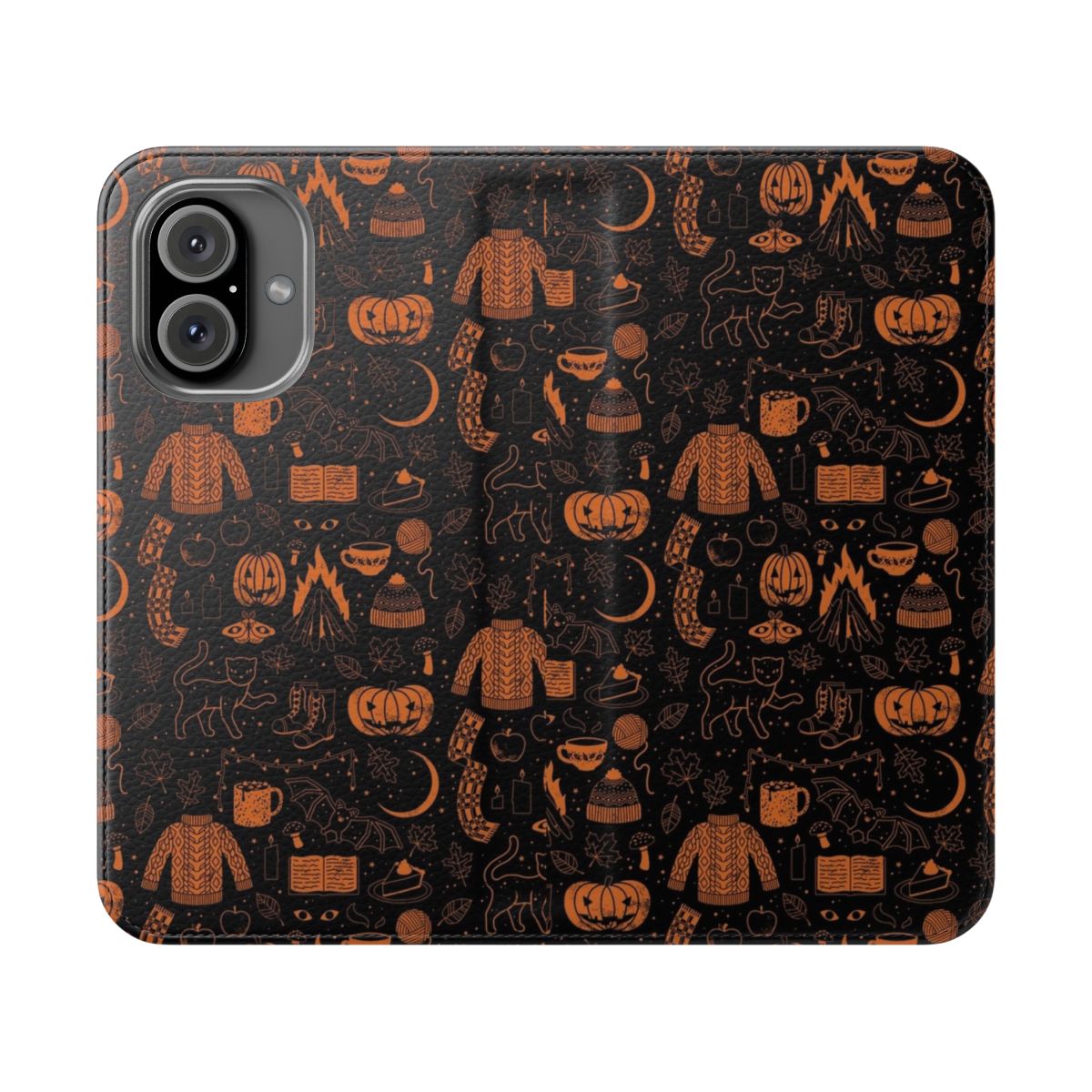 Autumn-themed flip phone case with witchy and spooky design elements like bats, pumpkins, and black cats.