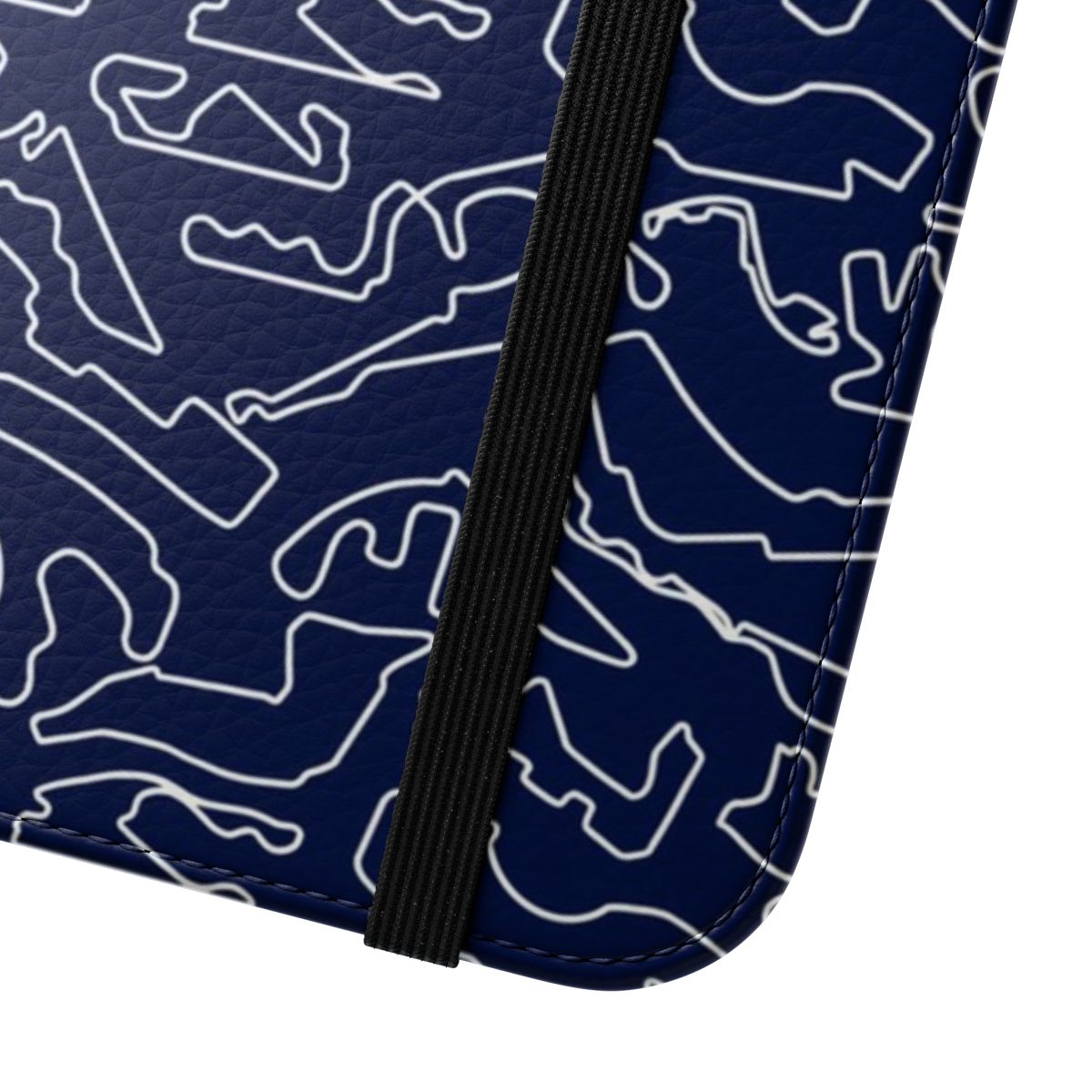 Dark blue flip cover phone case with F1 tracks design for 2023 season - Close Up