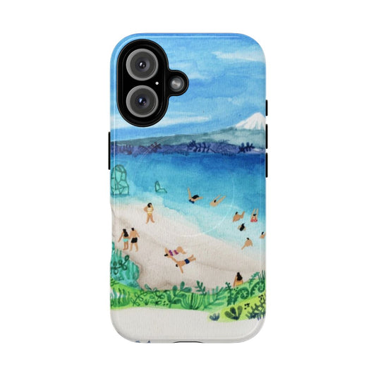 Vibrant watercolor painting of a mountain beach scene on a phone case