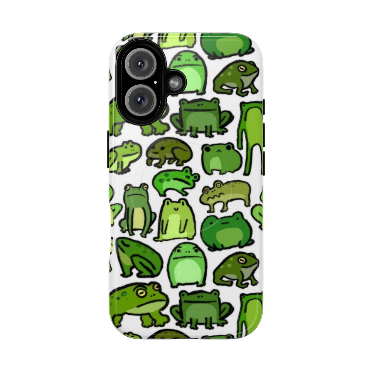 A colorful phone case featuring a cute frog design, perfect for nature and animal lovers.