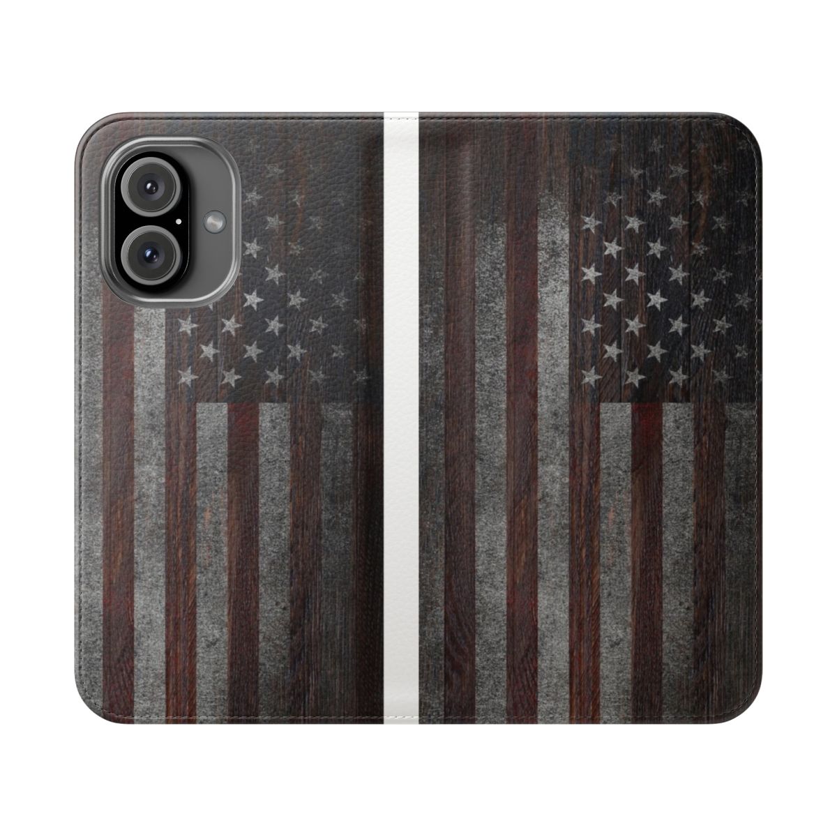 Patriotic American flag design on a weathered wood texture flip phone case