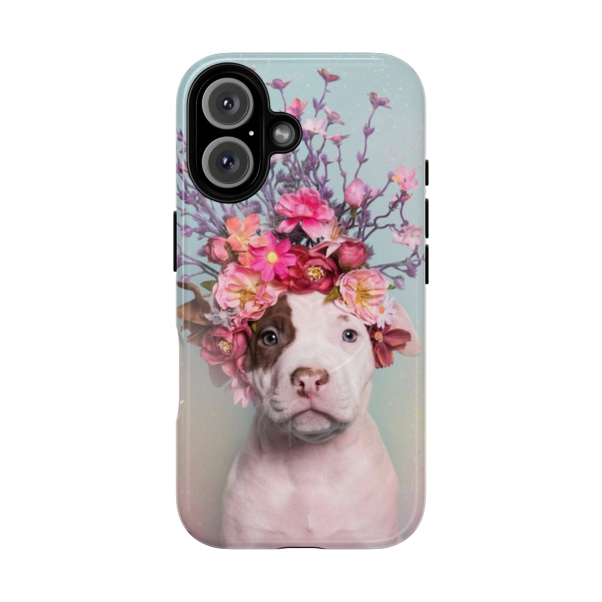 Colorful flower crown design on a tough phone case featuring a pitbull or staffordshire terrier dog