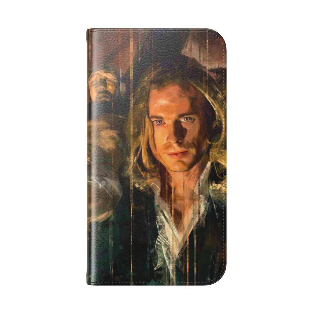 A flip cover phone case featuring a portrait with religious art design, including a crucifix, cross, and halo. - Folded Back