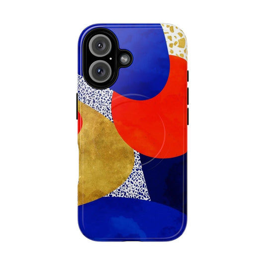 Terrazzo galaxy pattern phone case in blue, yellow, and orange shades