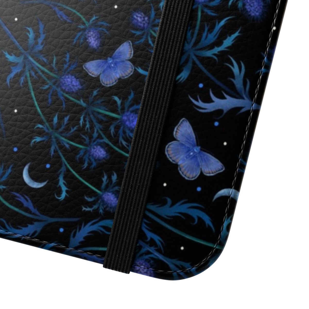 Blue thistle pattern flip phone case with moon phases and celestial elements - Close Up