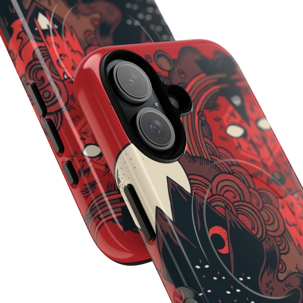 Artistic and rugged phone case design featuring a striking wolf pack silhouette against a backdrop of nature and abstract elements. - Detail