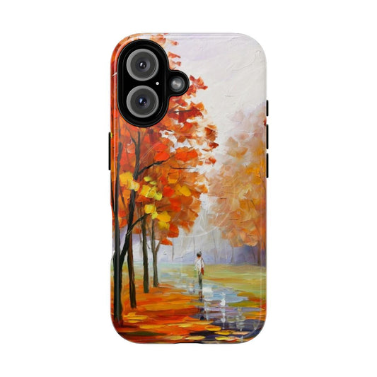 Artistic phone case featuring a colorful Leonid Afremov-style foggy forest landscape