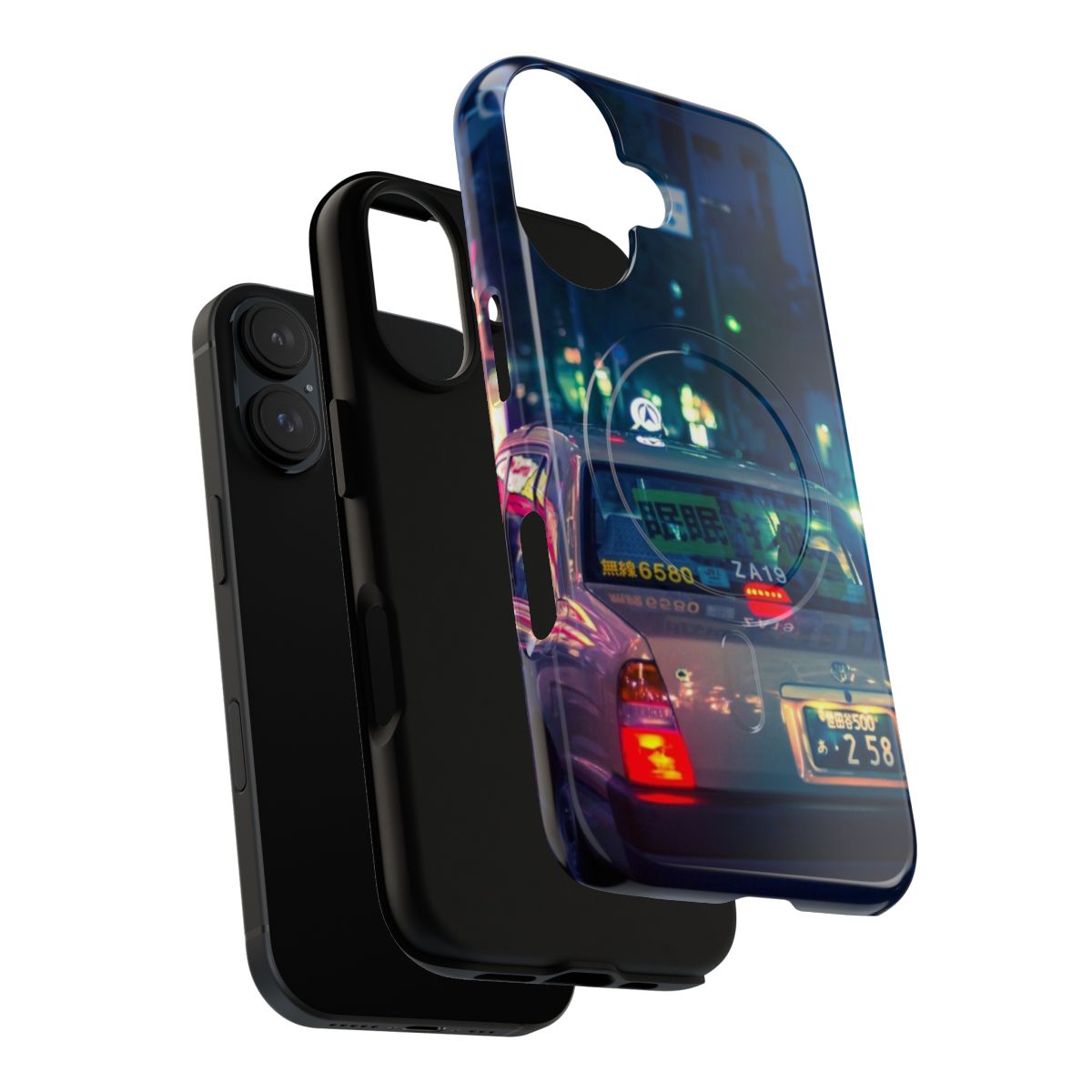 Futuristic phone case with a moody, cyberpunk-inspired design featuring neon lights and a neo-tokyo inspired alleyway. - Layers