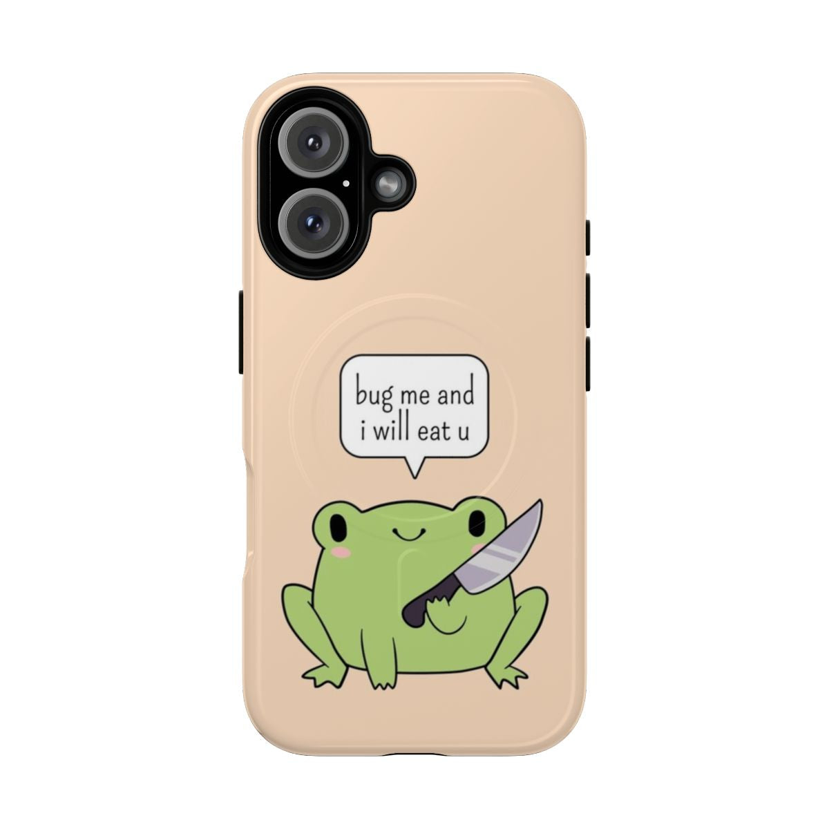 Whimsical illustration of a frog holding a knife on a protective smartphone case.