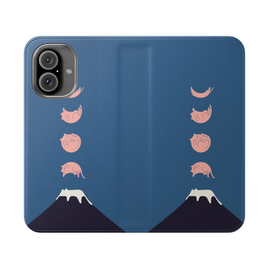 Minimalist phone case featuring a landscape with a cat in the mountains