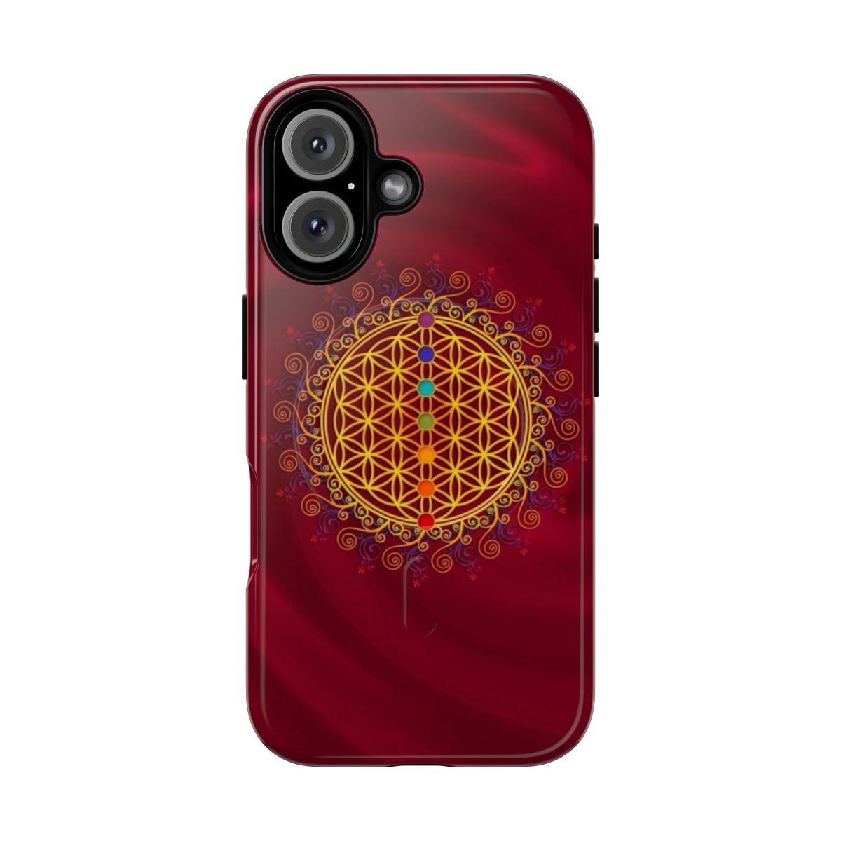 Magnetic phone case with flower of life, chakra, and spiritual design