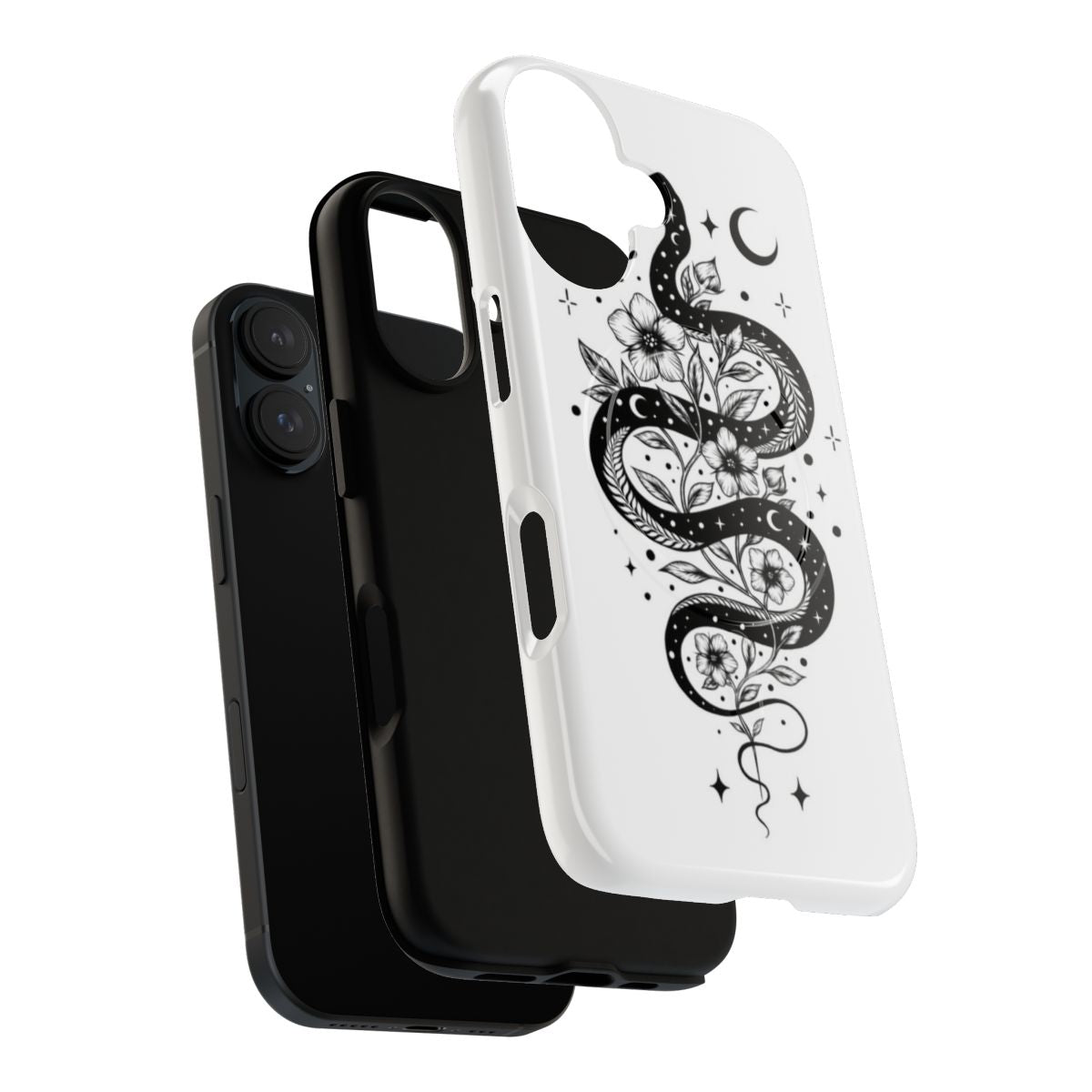 Black magnetic phone case with a serpent and botanical design in a dark, mystical style. - Layers