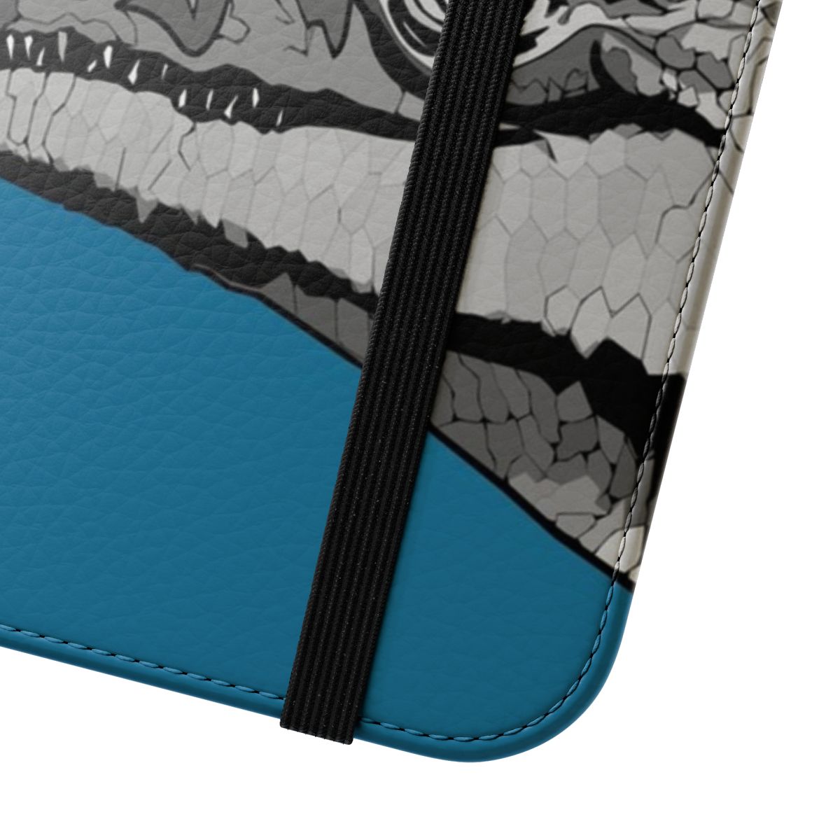 Flip cover phone case with a digital illustration of a dinosaur or other prehistoric animal. - Close Up