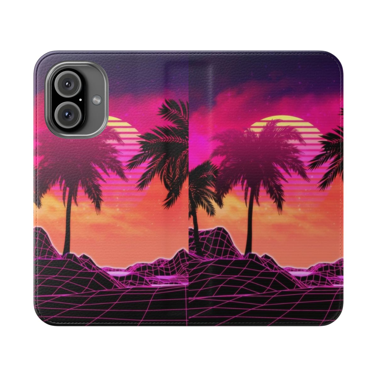 Retro futuristic vaporwave landscape with pink, purple, and coral colors, featuring rocks, palm trees, and a glitchy, geometric background.