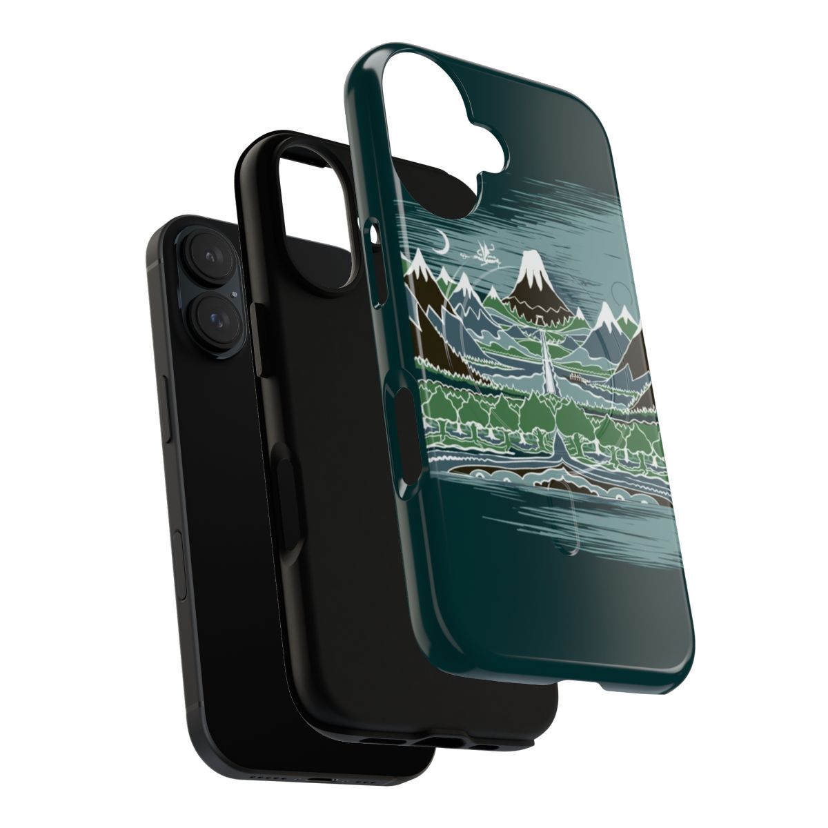 Magnetic tough phone case featuring a fantasy landscape with a path through an elven wood - Layers