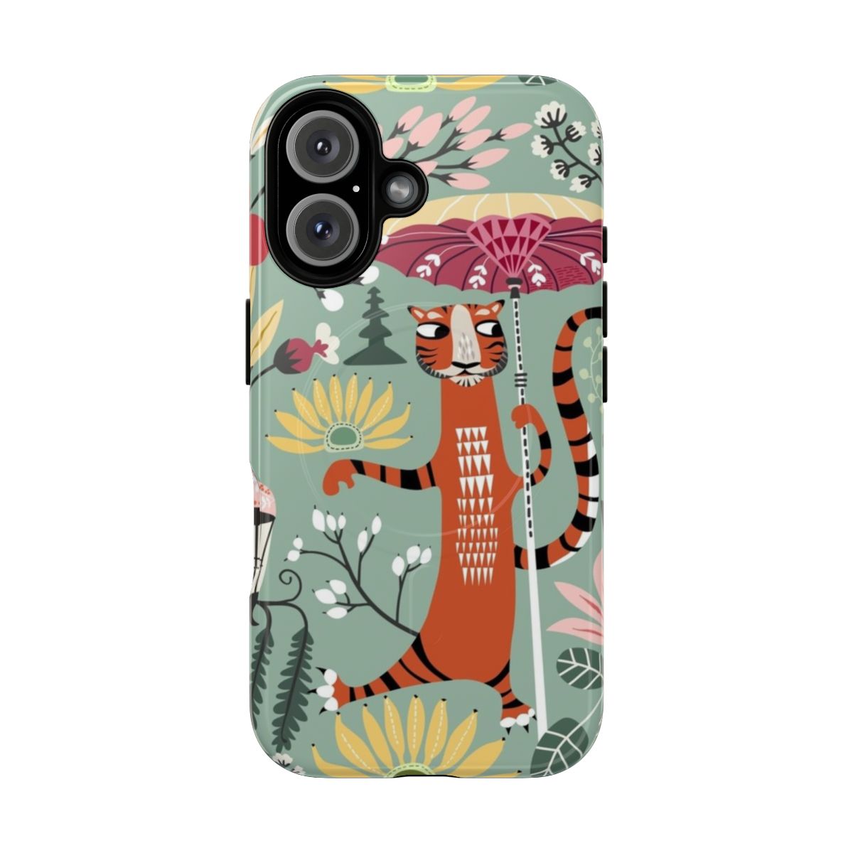 Colorful phone case featuring a tiger in a tropical garden setting