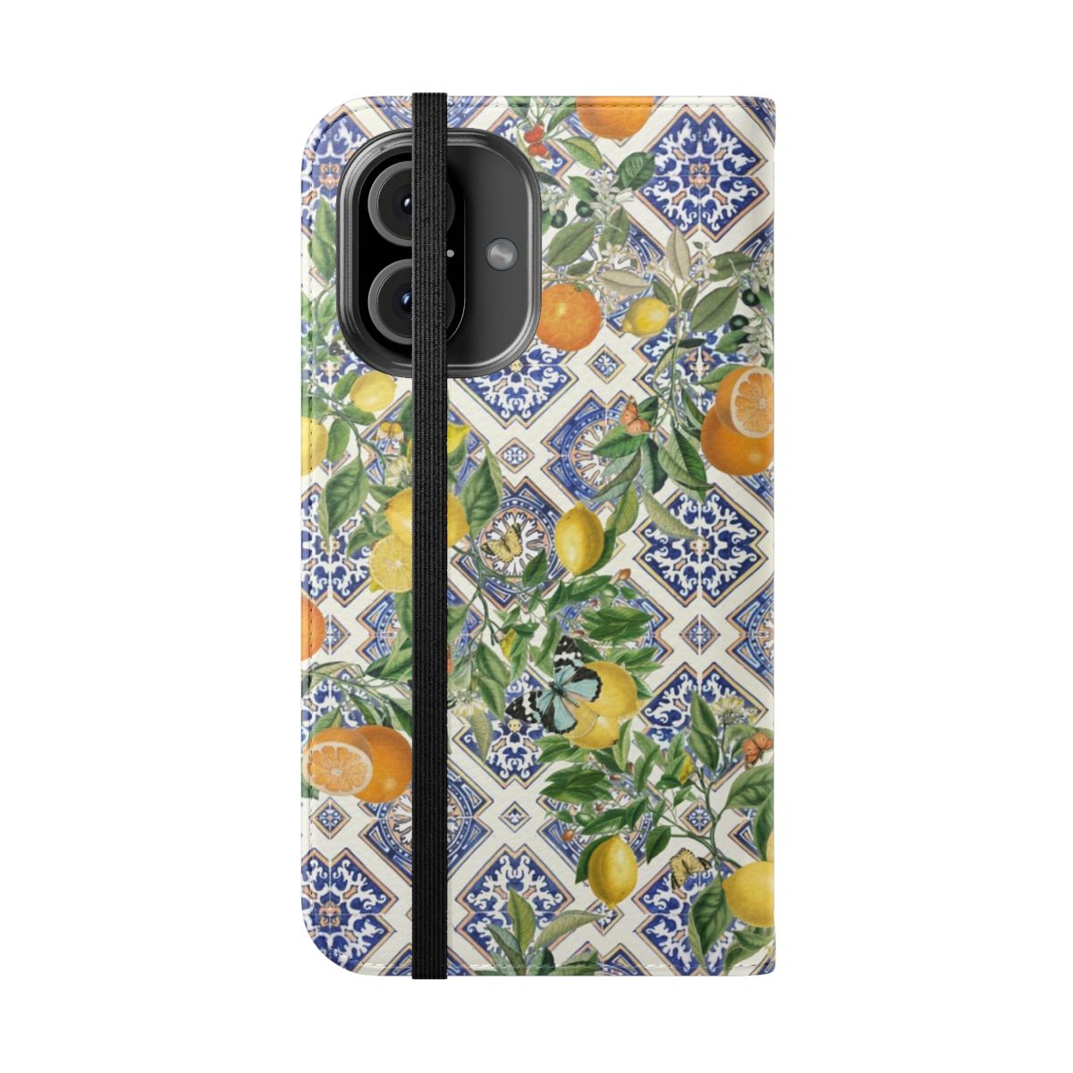 Flip cover phone case featuring a vibrant Sicilian-inspired pattern of citrus fruits and Mediterranean tiles in shades of blue, yellow, and orange. - Folded Front