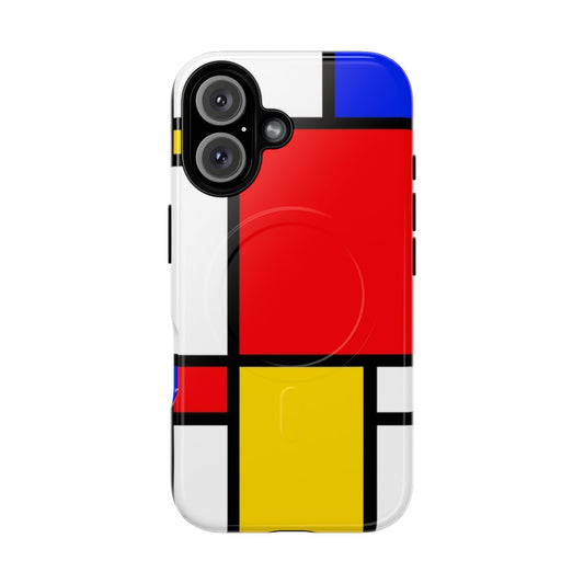 A colorful, modern phone case with a Piet Mondrian-inspired abstract art design.