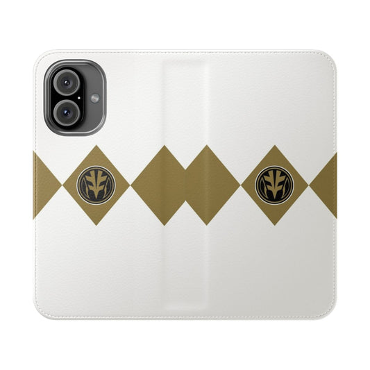 White Ranger-themed flip cover phone case with Power Rangers design