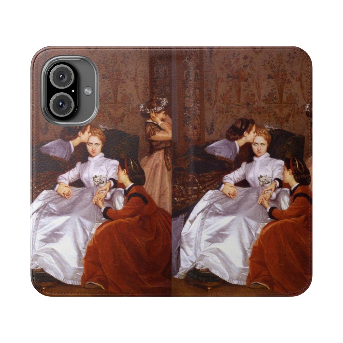 A flip cover phone case with a romantic, ethereal design inspired by the artwork of Auguste Toulmouche.