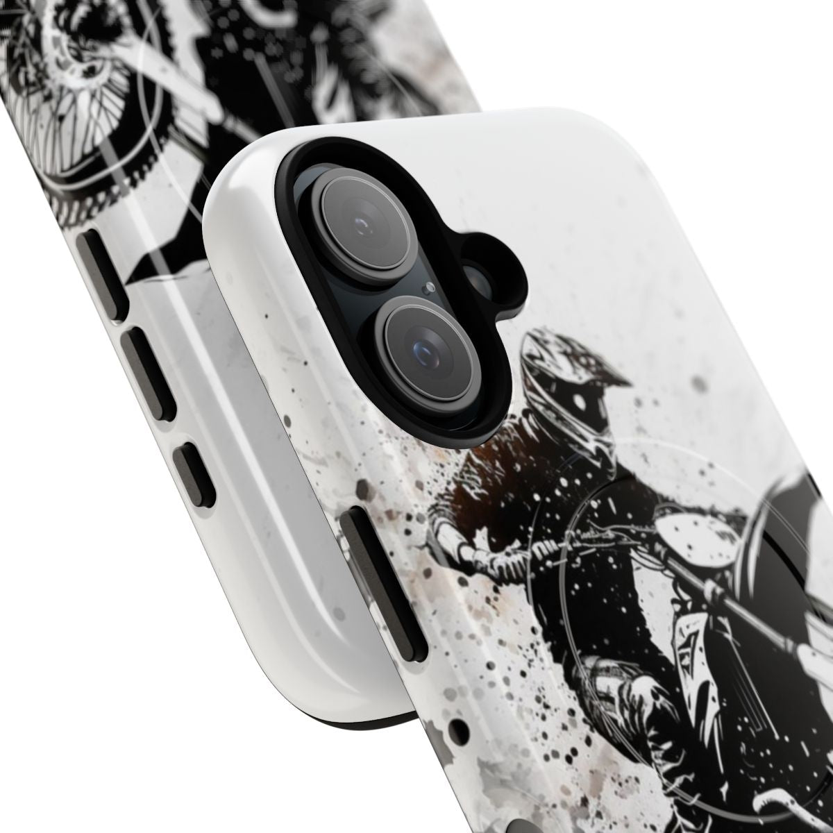 Dirt bike wheelie phone case with black splash and white background - Detail