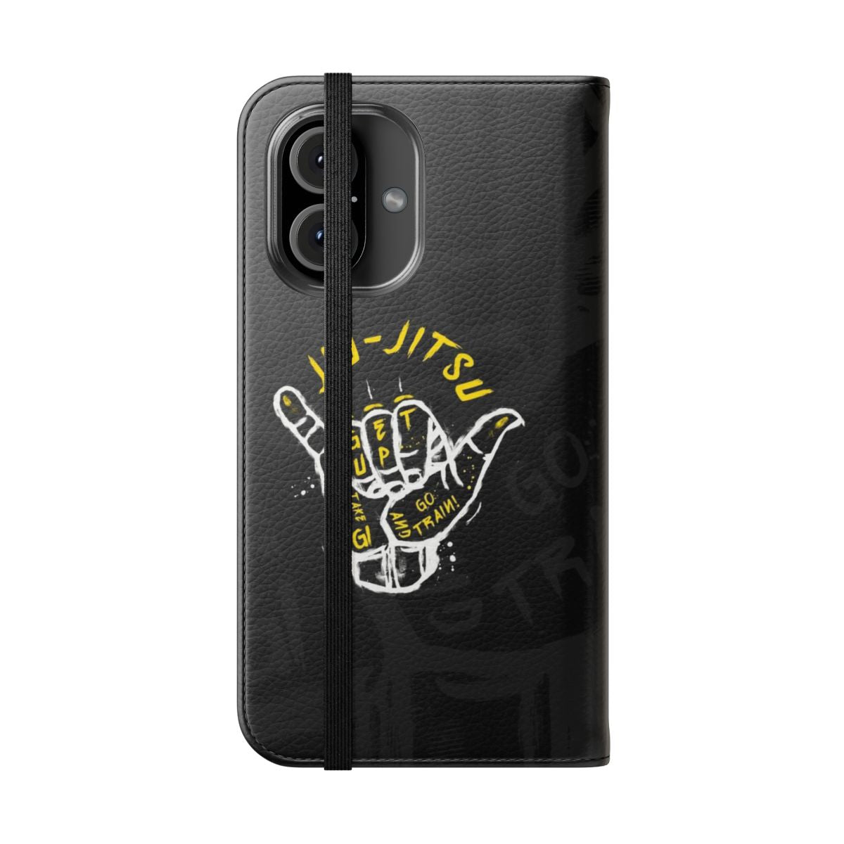 Martial arts inspired flip cover phone case with "Go train!" text - Folded Front