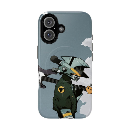 FLCL-inspired magnetic tough phone case with guitar, bass, and robot design