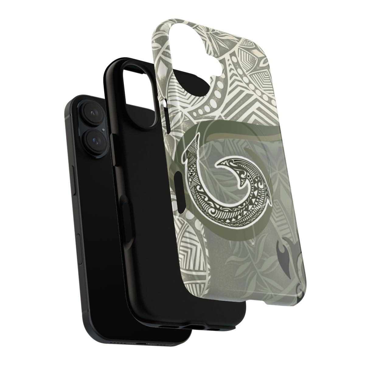 A green phone case featuring a Hawaiian-inspired fish hook and botanical design. - Layers