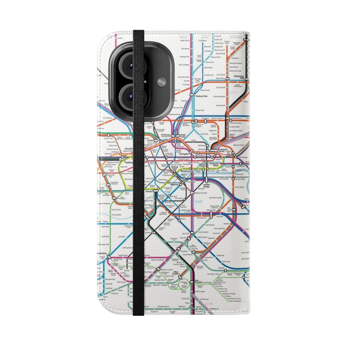 London city public transit map phone case featuring the underground, overground, and Elizabeth line routes. - Folded Front