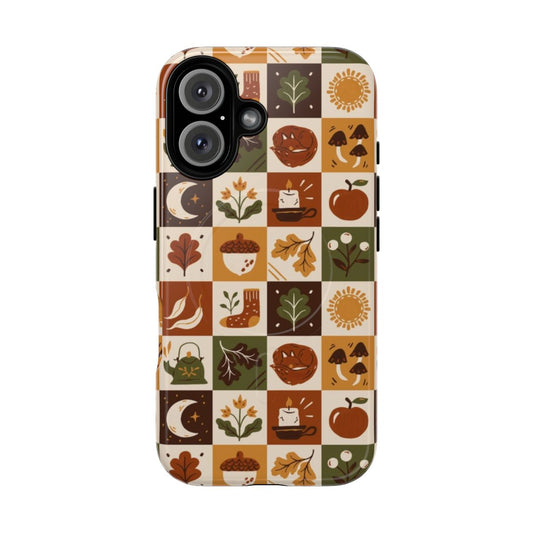 Autumnal phone case featuring a botanical design with mushrooms, a fox, and falling leaves.