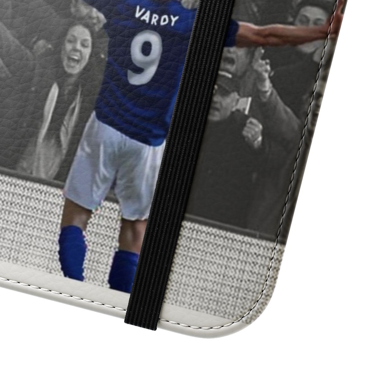 Premium flip cover phone case featuring the name and image of famous English footballer Jamie Vardy - Close Up