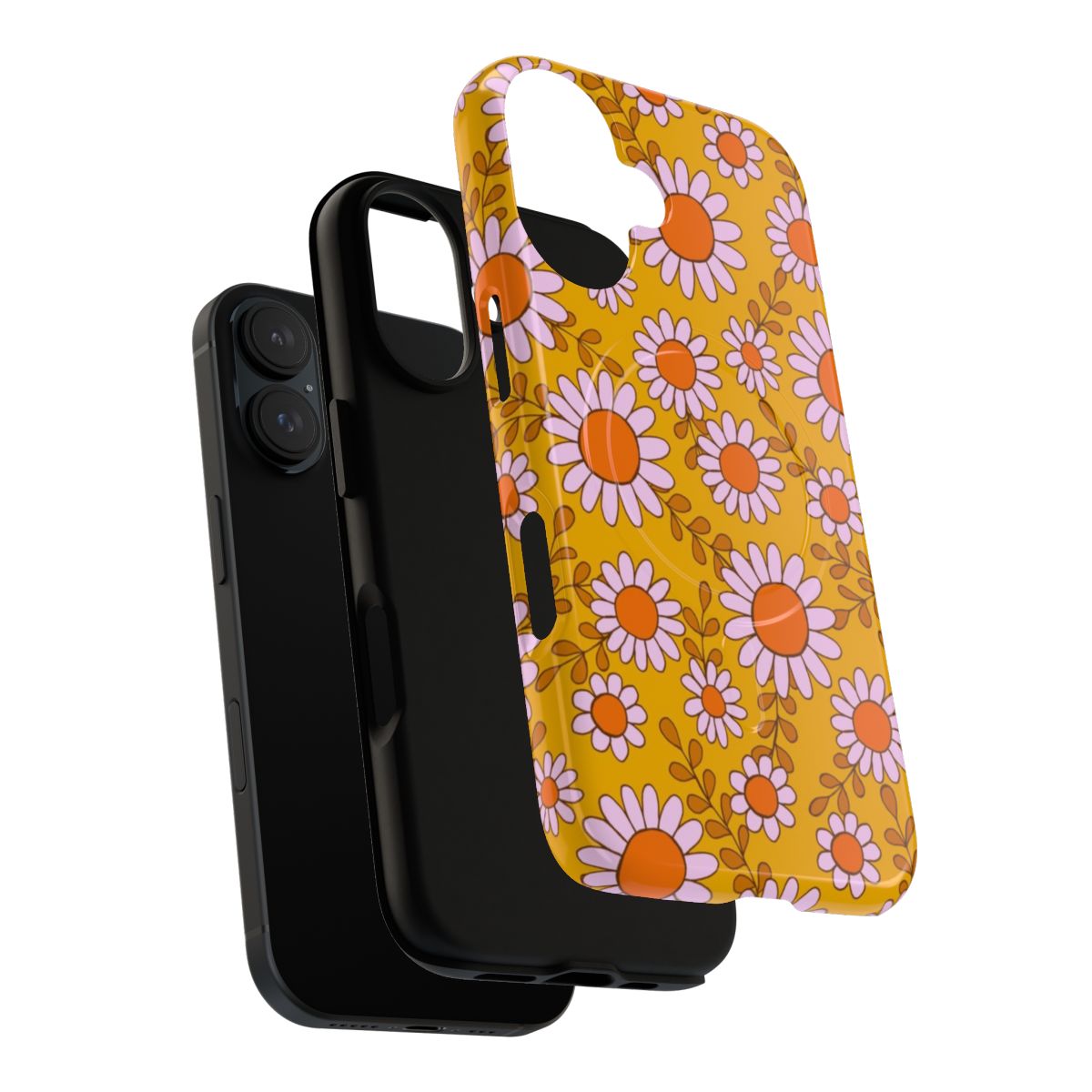 Retro floral daisy phone case with a botanical 1970s inspired pattern in shades of orange and pink - Layers