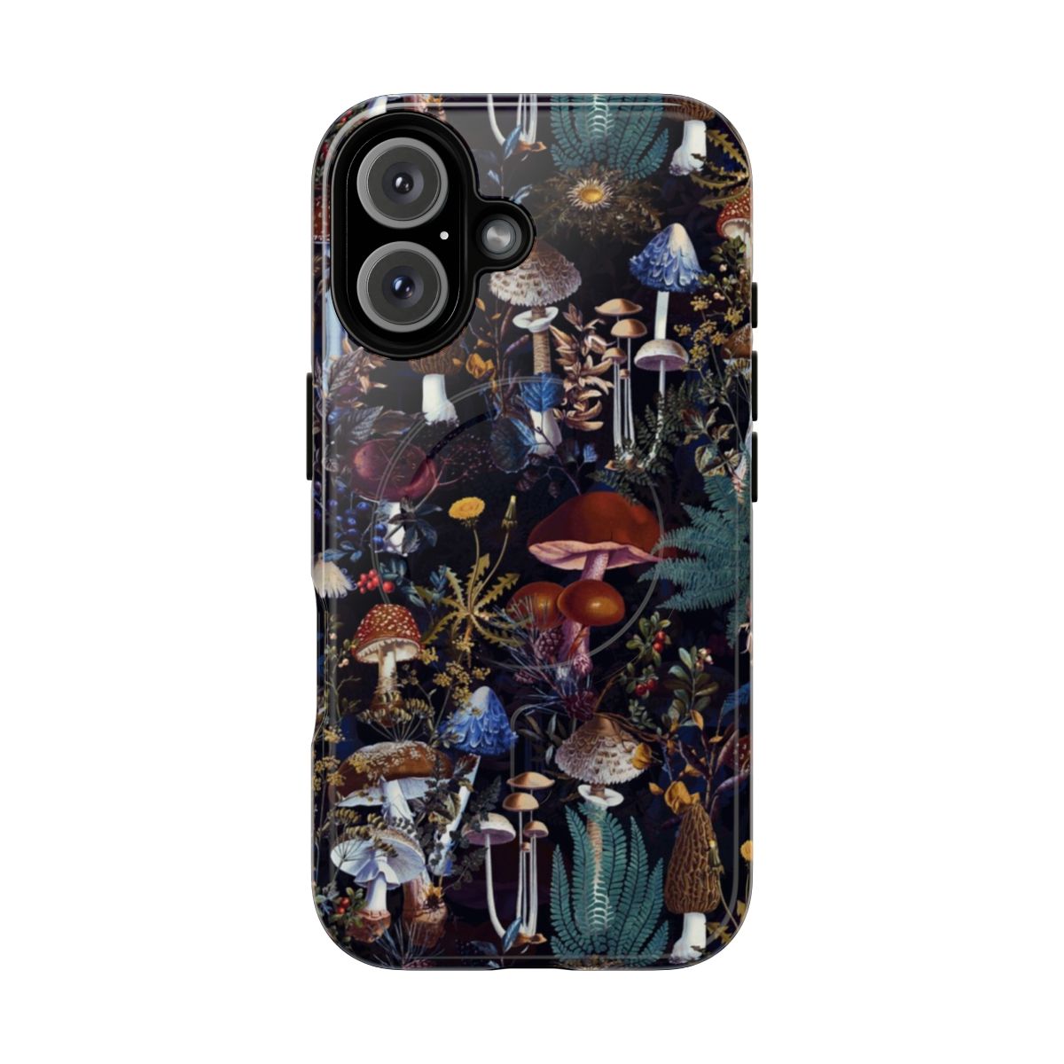 Vintage botanical pattern featuring mushrooms and flowers on a black background, with a magnetic tough case design.