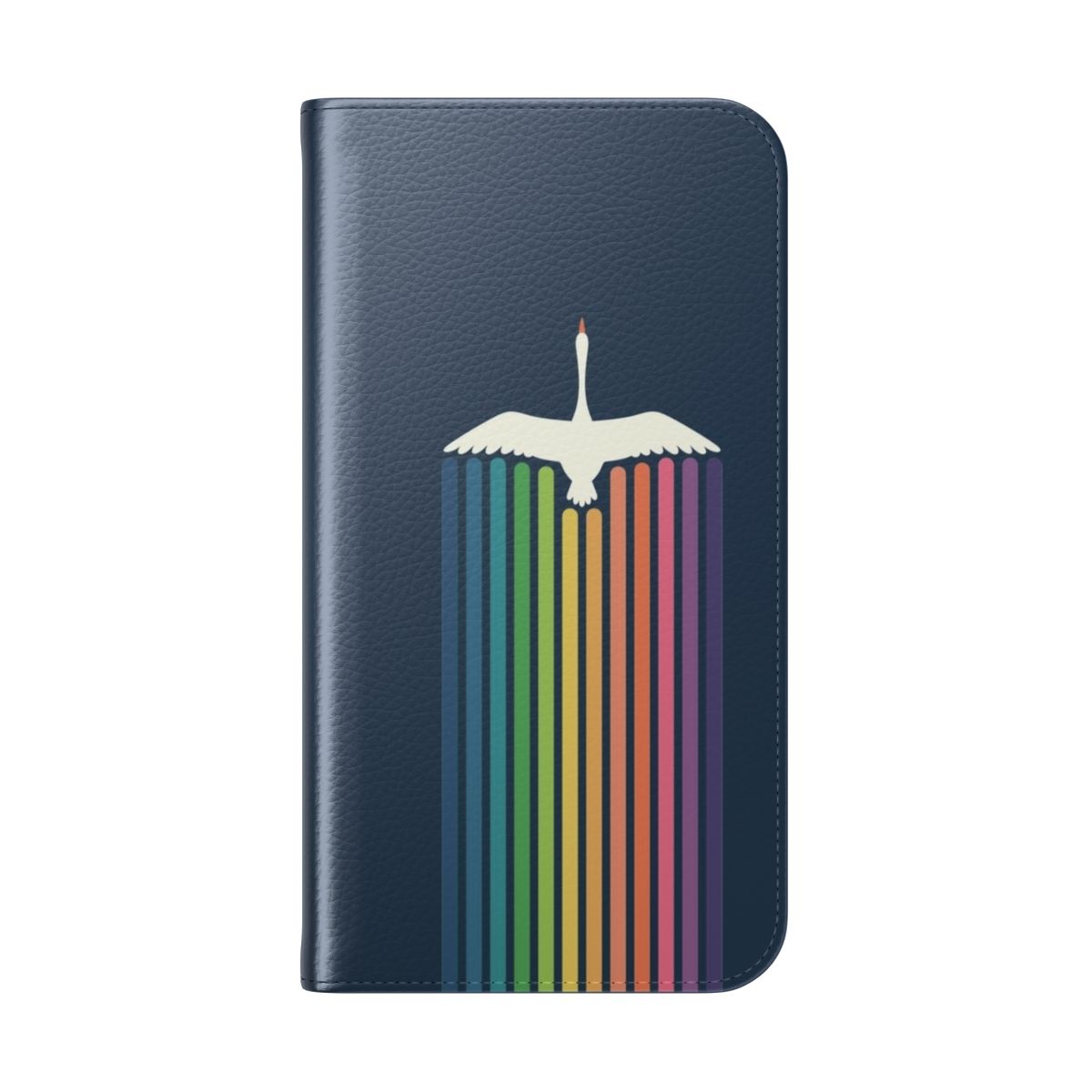 Flip cover phone case with a colorful design of birds flying in a sky with clouds and a rainbow. - Folded Back