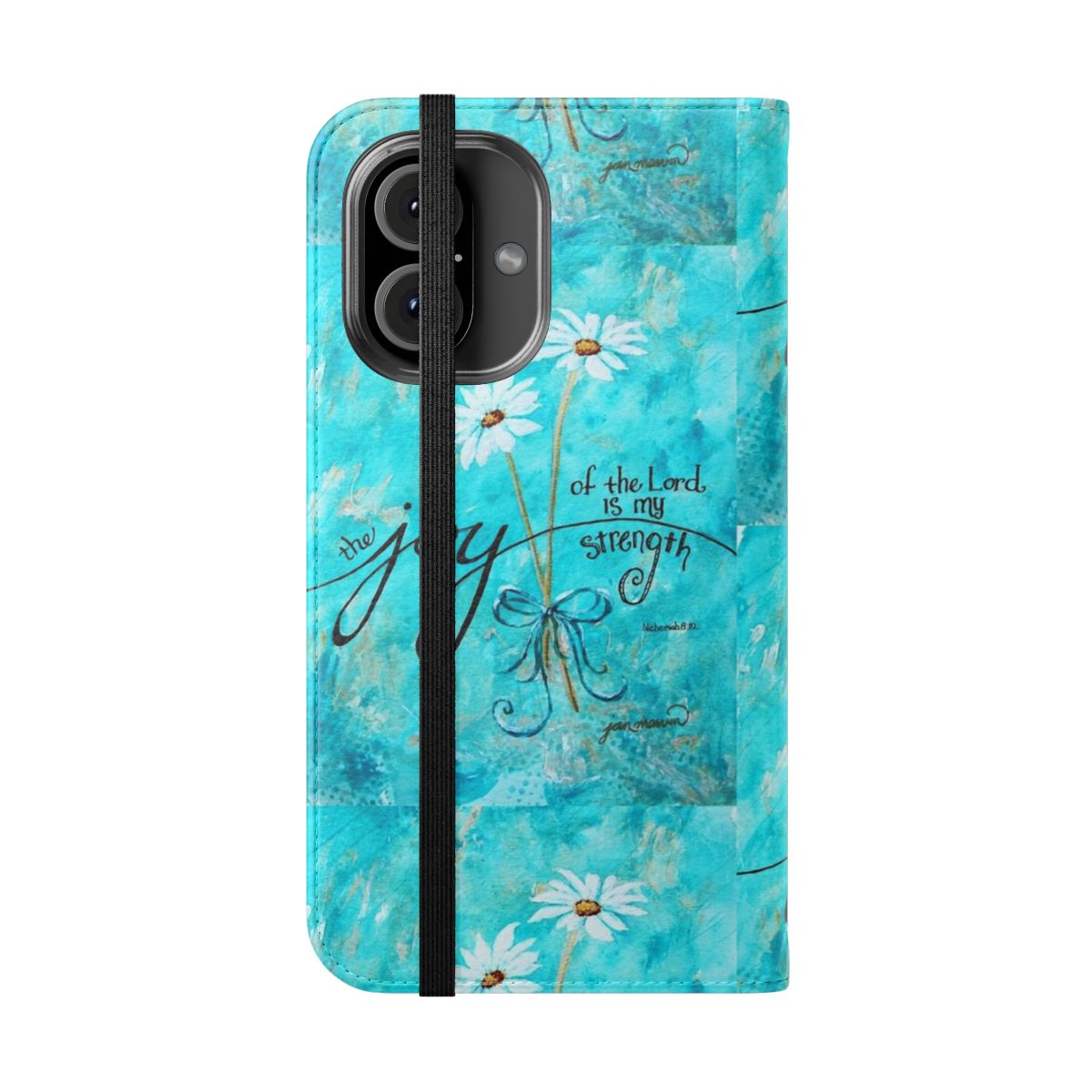 Blue floral phone case with calligraphy quote "The Joy of the Lord is my Strength" - Folded Front