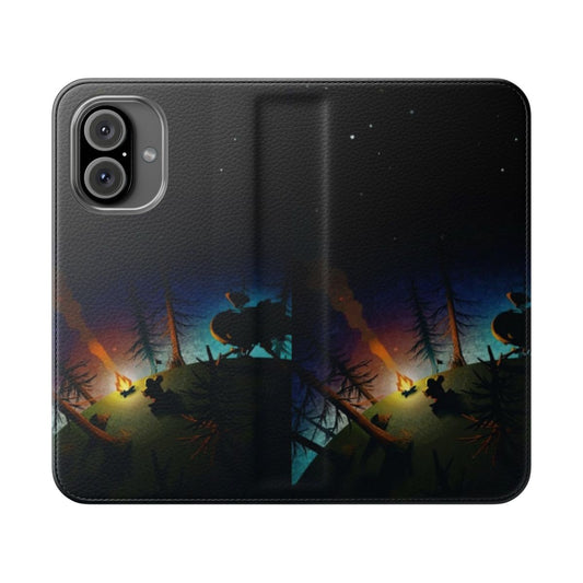 Flip cover phone case featuring an illustration inspired by the video game Outer Wilds, with a galaxy and stars design.