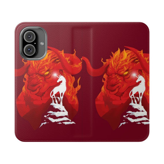 Flip cover phone case with a colorful illustration of the iconic unicorn character from the classic fantasy film "The Last Unicorn"