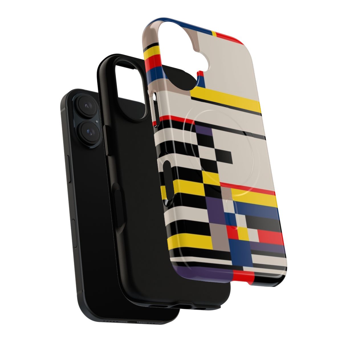 Asymmetric phone case with Bauhaus-inspired geometric design in primary colors - Layers