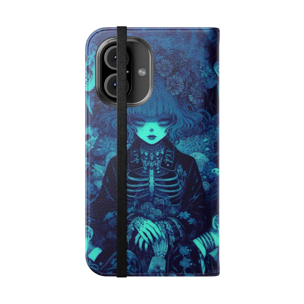 Artistic phone case with blue skeletal figure and haunting rainy night scene, representing the Guardians of Memory. - Folded Front