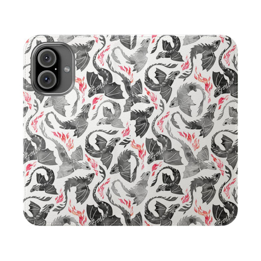 Flip cover phone case with a watercolor-style dragon design in shades of grey and black.