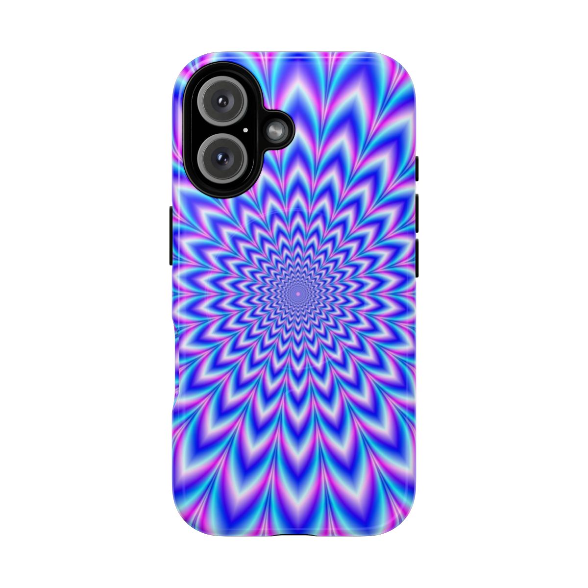 Psychedelic phone case with a vibrant blue and pink abstract pattern creating a mind-bending optical illusion.