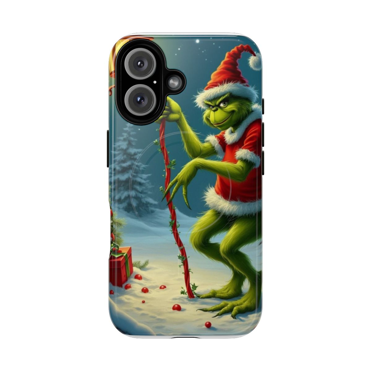 A tough, magnetic phone case featuring the Grinch for the Christmas season