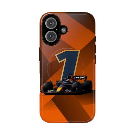 Orange phone case with magnetic closure and tough design, featuring Formula 1 racing colors and inspiration.