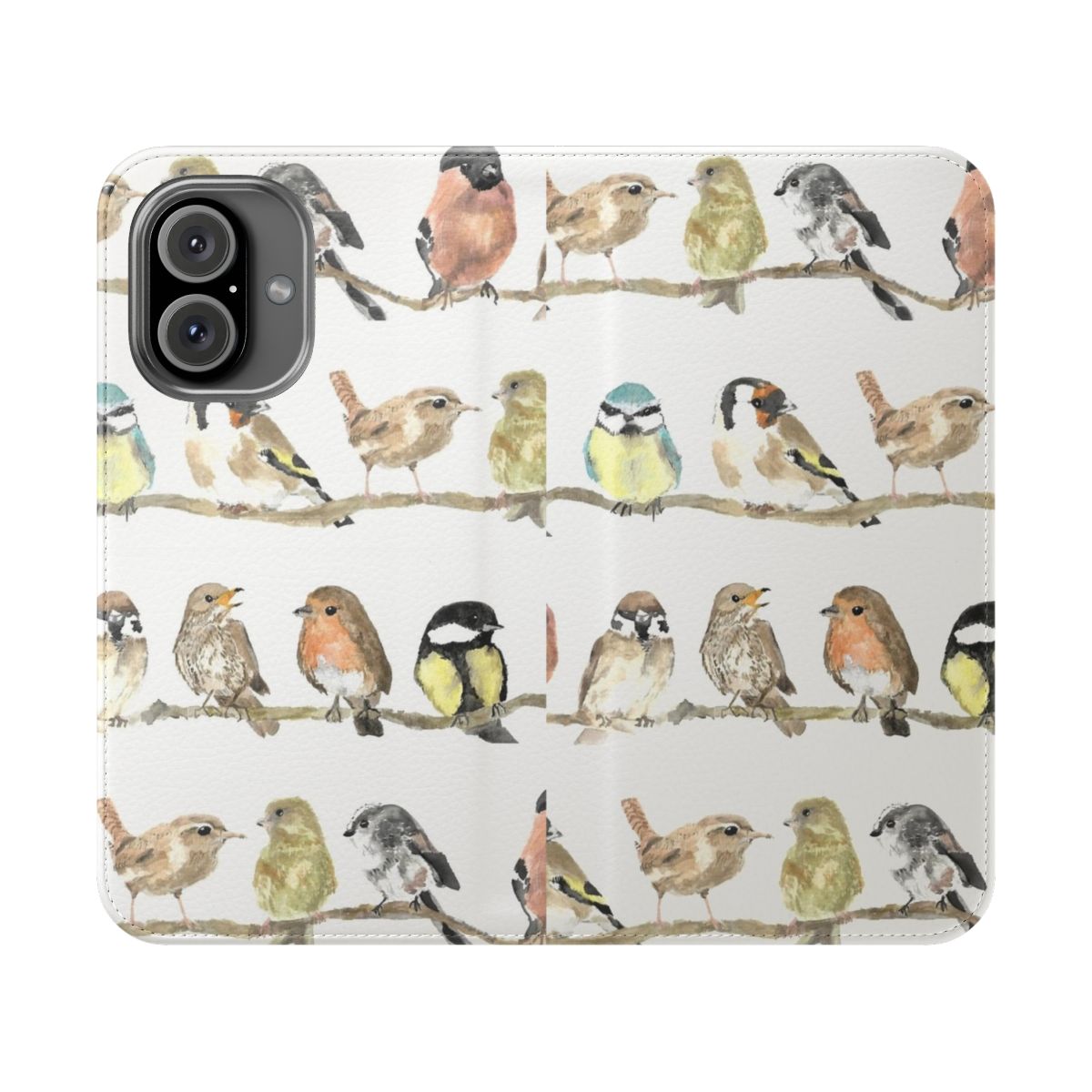 Colorful phone case featuring illustrations of robins, wrens, and other garden birds