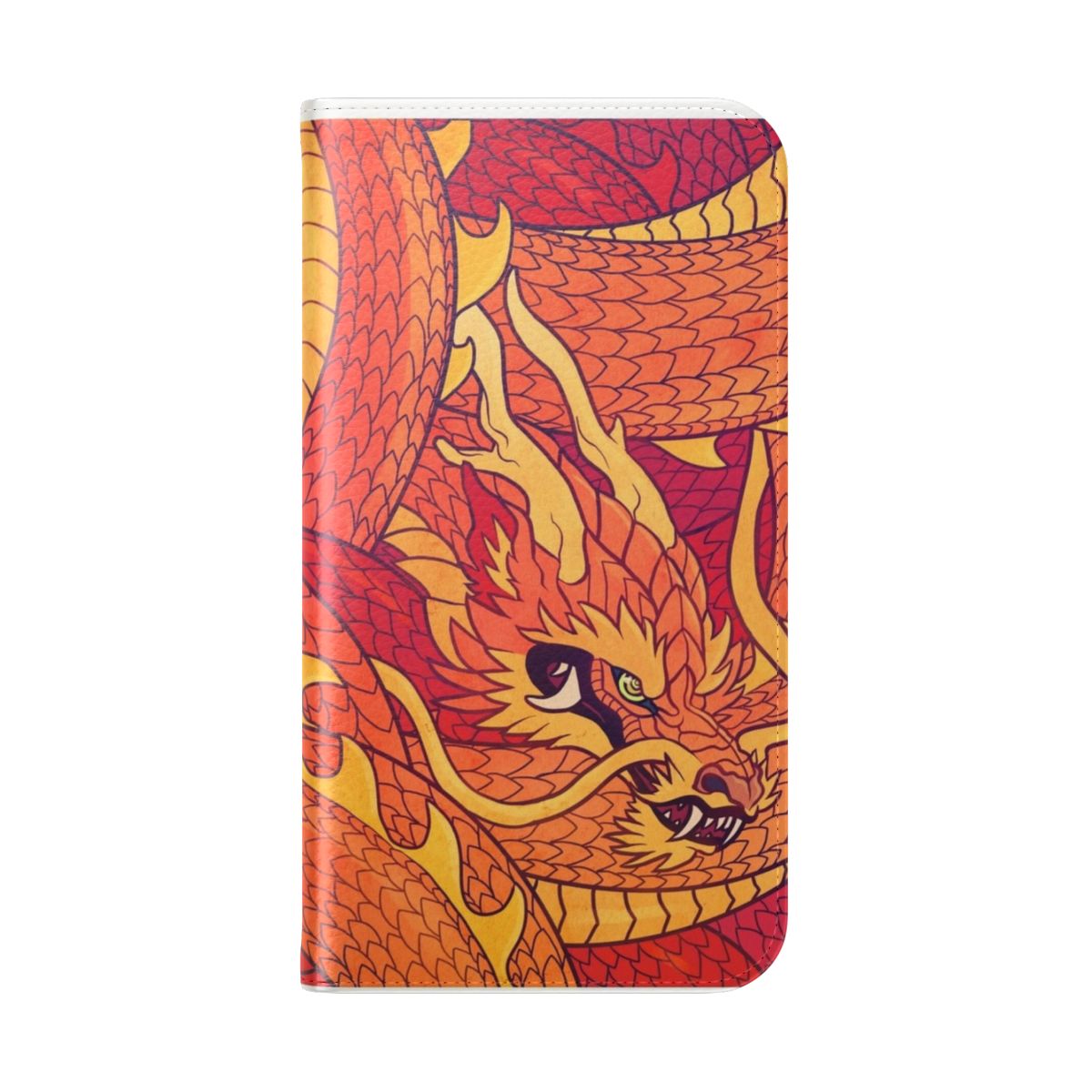 A red, coiled dragon-themed flip cover phone case with a fantasy design. - Folded Back